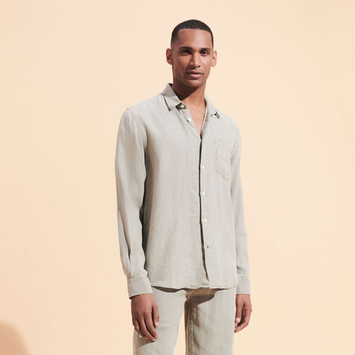 Men Linen Mineral Dye Shirt Solid Eucalyptus Green