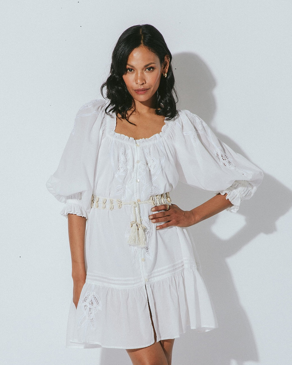 Adalee Mini Dress - Sleeveless Ruched Bodice Lace Trim Dress in Off White main image 0