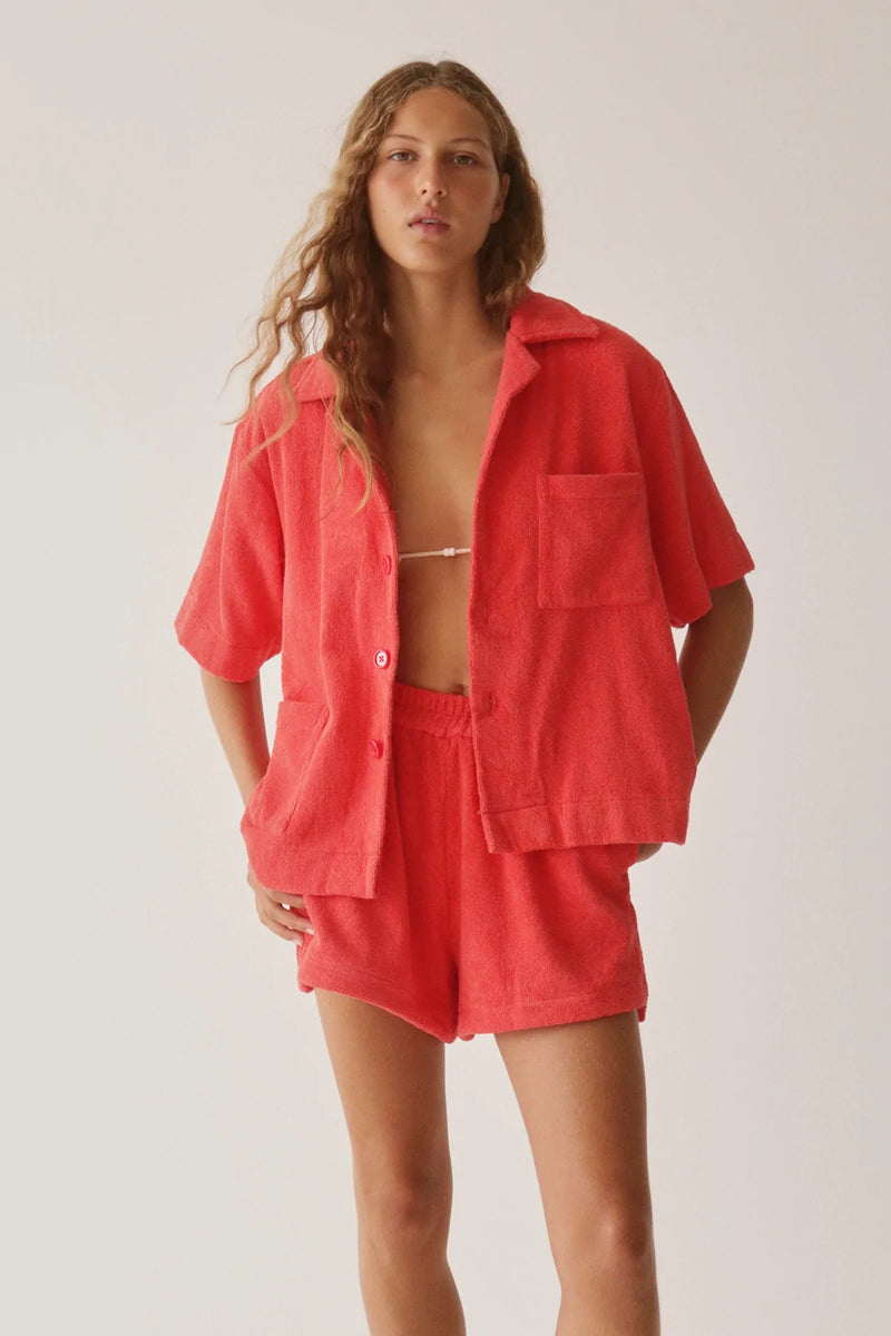 Red Terry Towelling Shirt for Women Towel Shirt in Organic Cotton