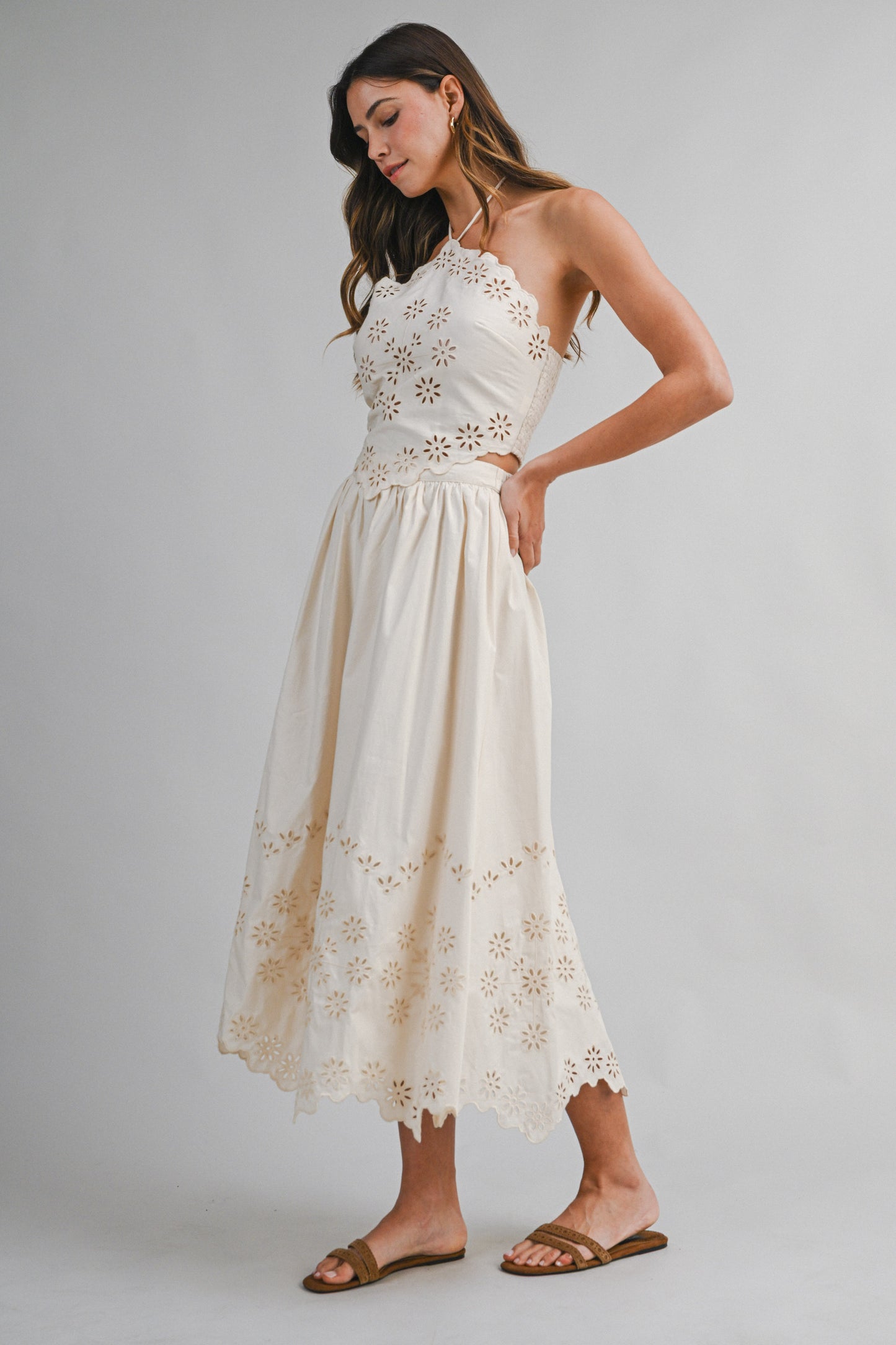 Load image into Gallery viewer, Eyelet Top and Skirt Set Ecru
