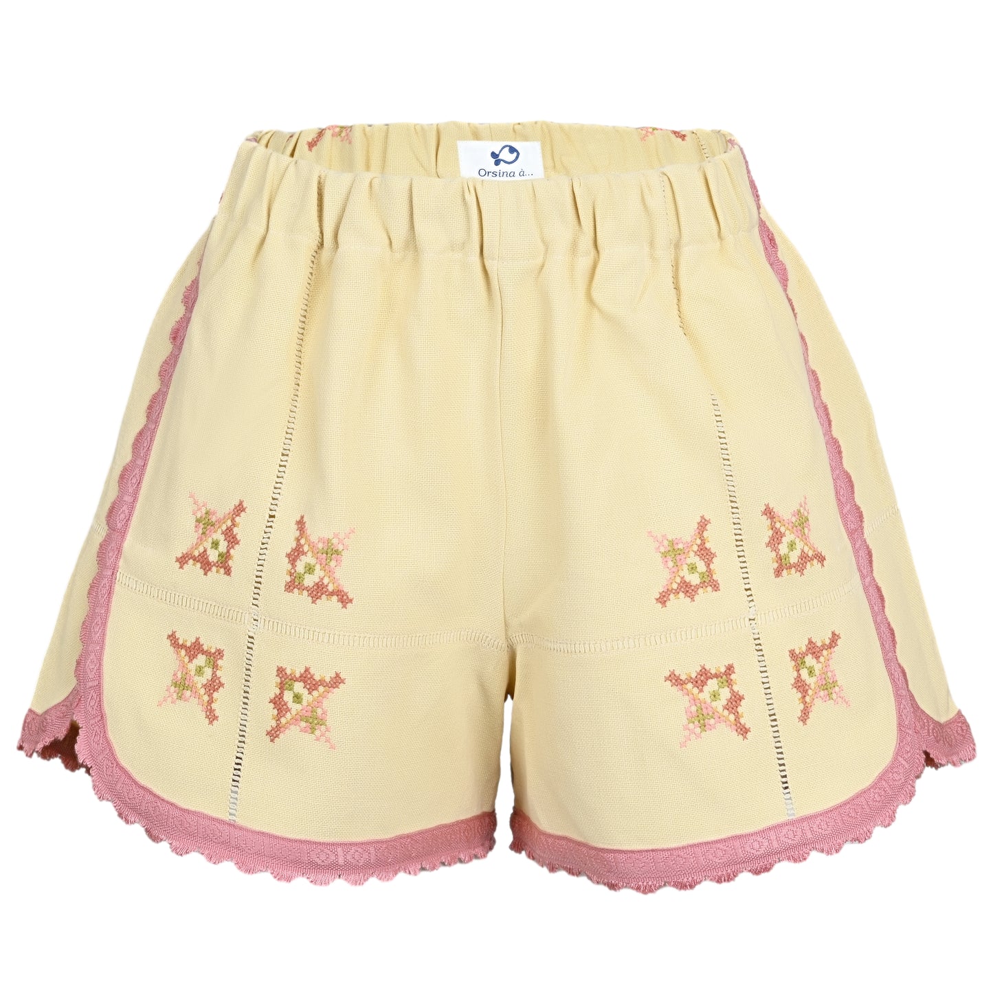 Load image into Gallery viewer, Orsina Cotton Shorts Pastel Yellow Pink Trim L - Shorts
