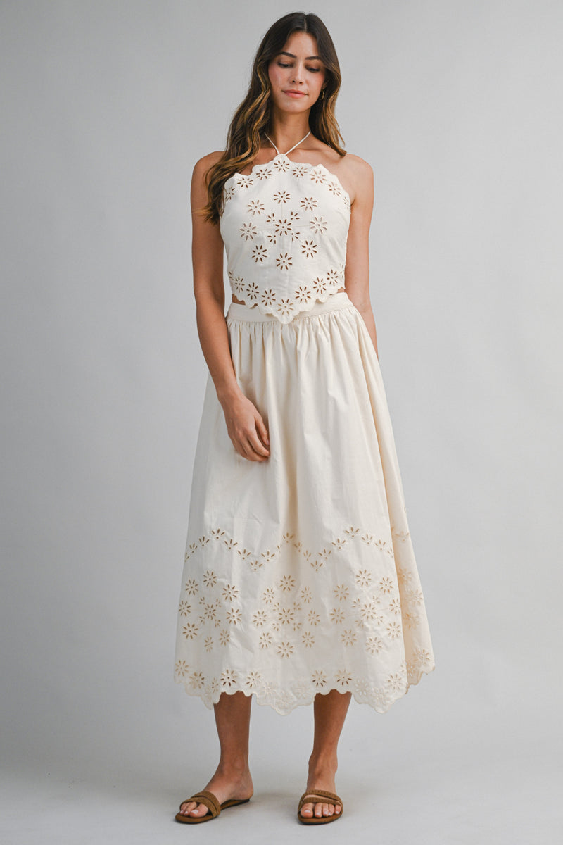 Eyelet Top and Skirt Set Ecru