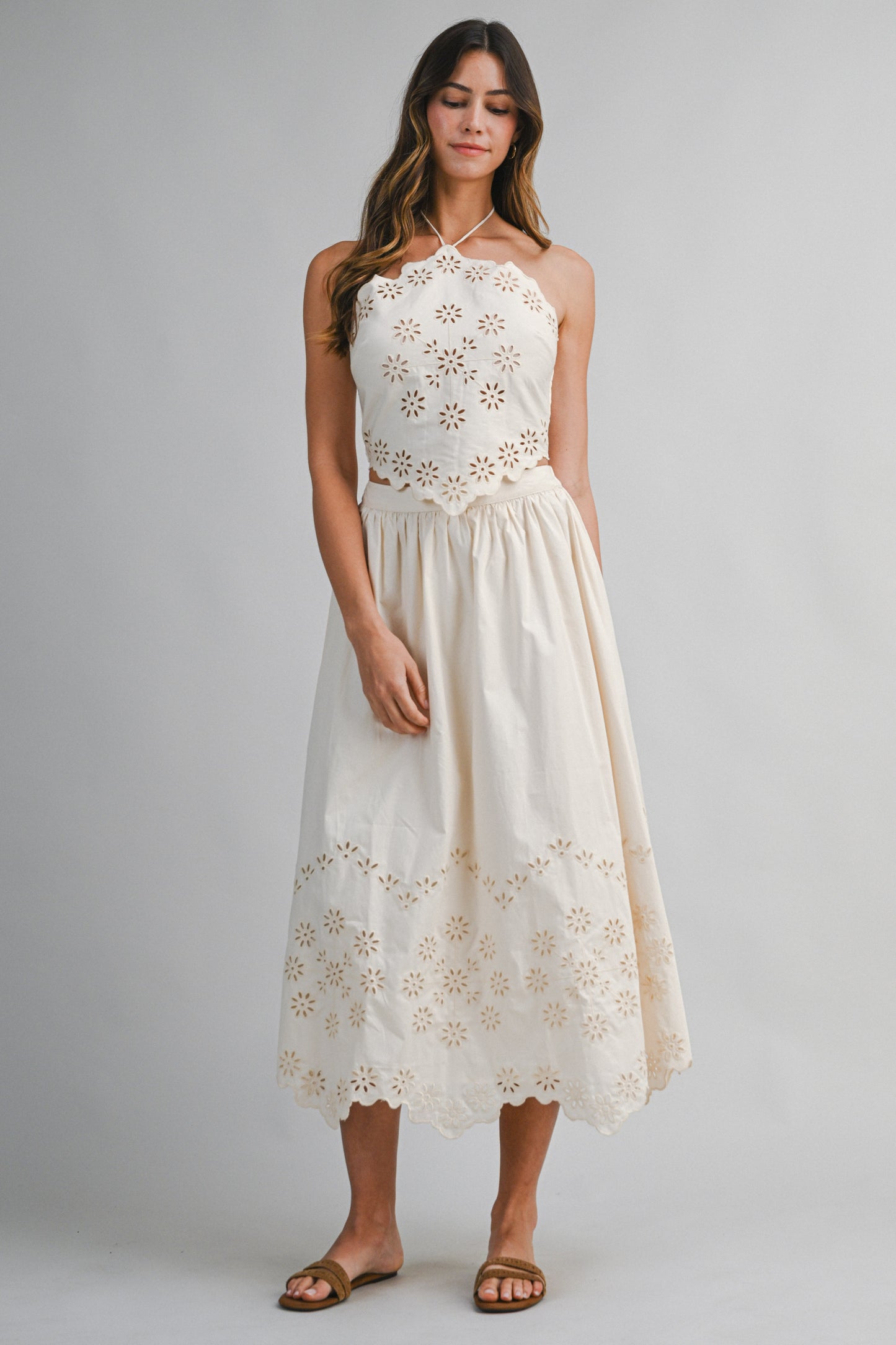 Load image into Gallery viewer, Eyelet Top and Skirt Set Ecru
