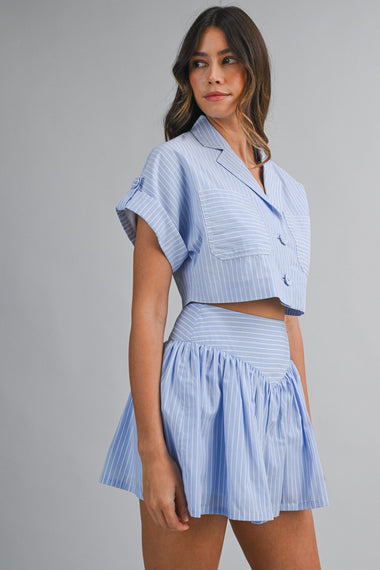 Stripe Crop Shirts and Skirt Set Blue