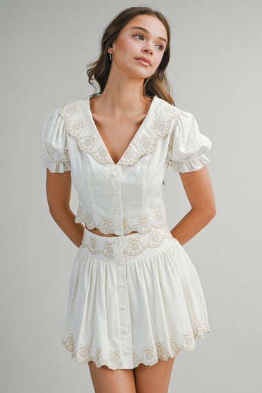 Scalloped Top and Skirt Set Cream