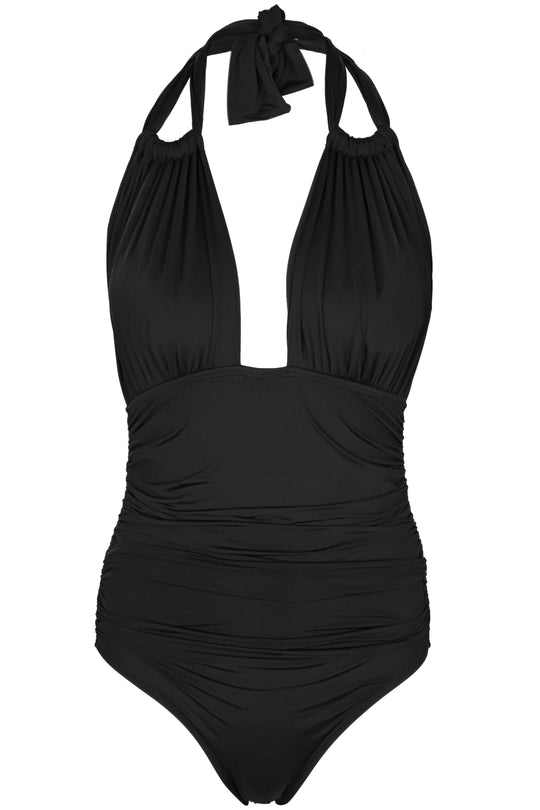 Load image into Gallery viewer, Bio Ruched Halter One Piece Black - One Piece
