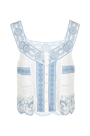 Embroidered V Neck Tank Top in White/Blue - Top