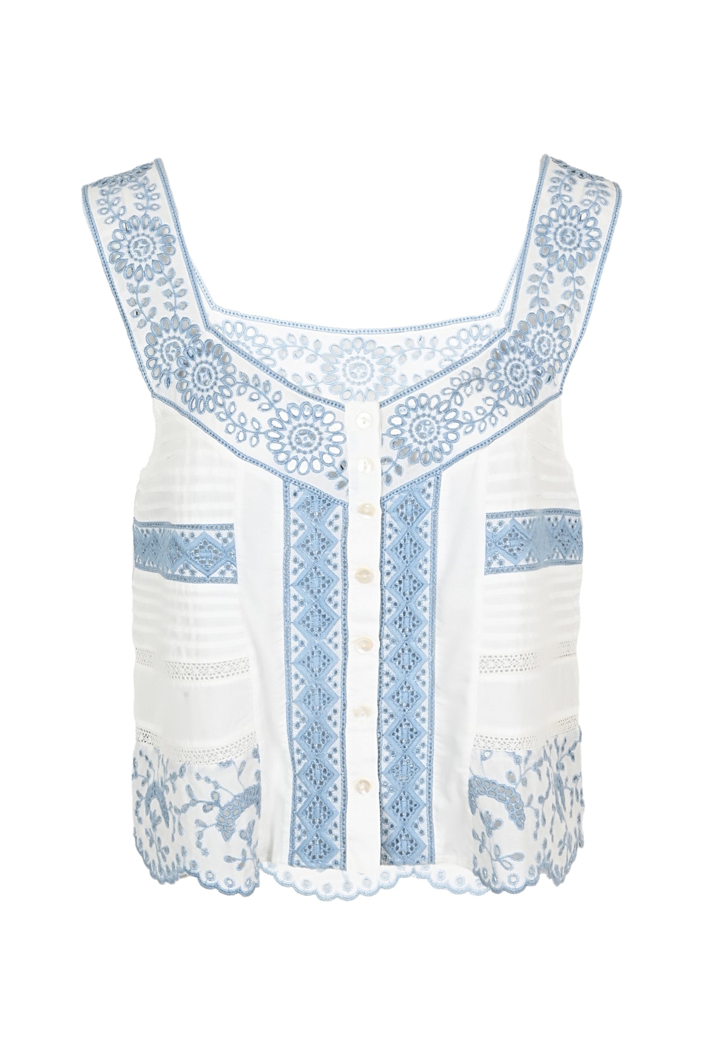 Load image into Gallery viewer, Embroidered V Neck Tank Top in White/Blue - Top
