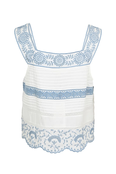 Embroidered V Neck Tank Top in White/Blue - Top