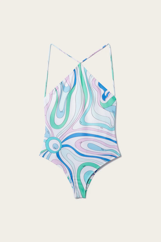 Celeste/Blanco One Piece Swimsuit Marmo Print