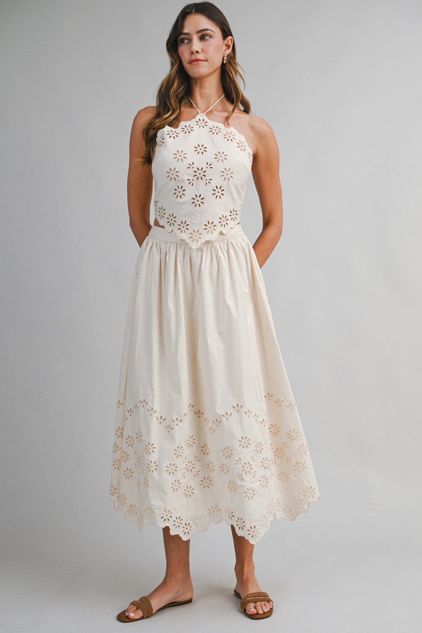 Load image into Gallery viewer, Eyelet Top and Skirt Set Ecru
