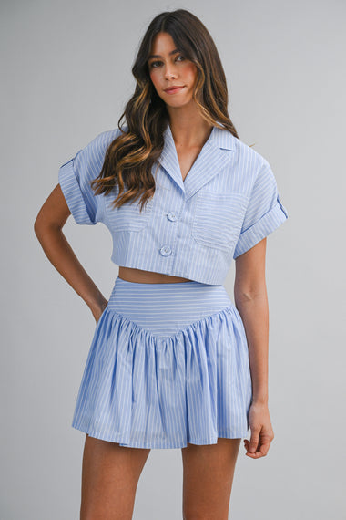 Stripe Crop Shirts and Skirt Set Blue