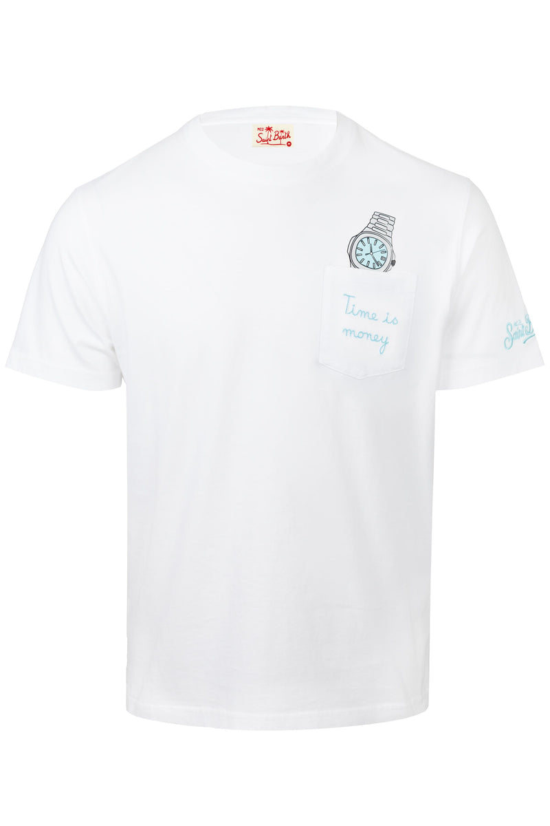White Austin T-Shirt with Time is Money Embroidery