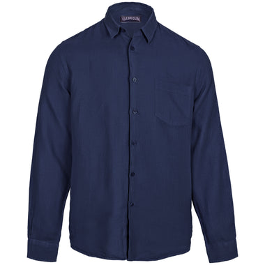 Caroubis Solid Navy Blue Long Sleeve Linen Shirt - Long Sleeve Shirt