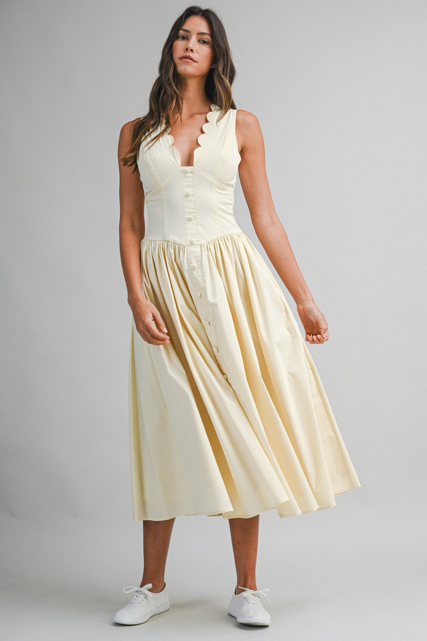 Load image into Gallery viewer, Poplin Scallop Midi Dress Yellow
