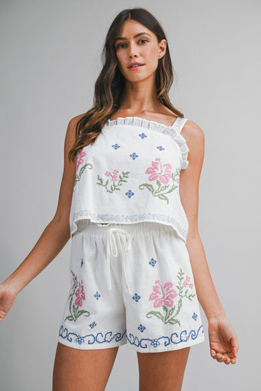 Embroidery Top and Short Set Pink Multi
