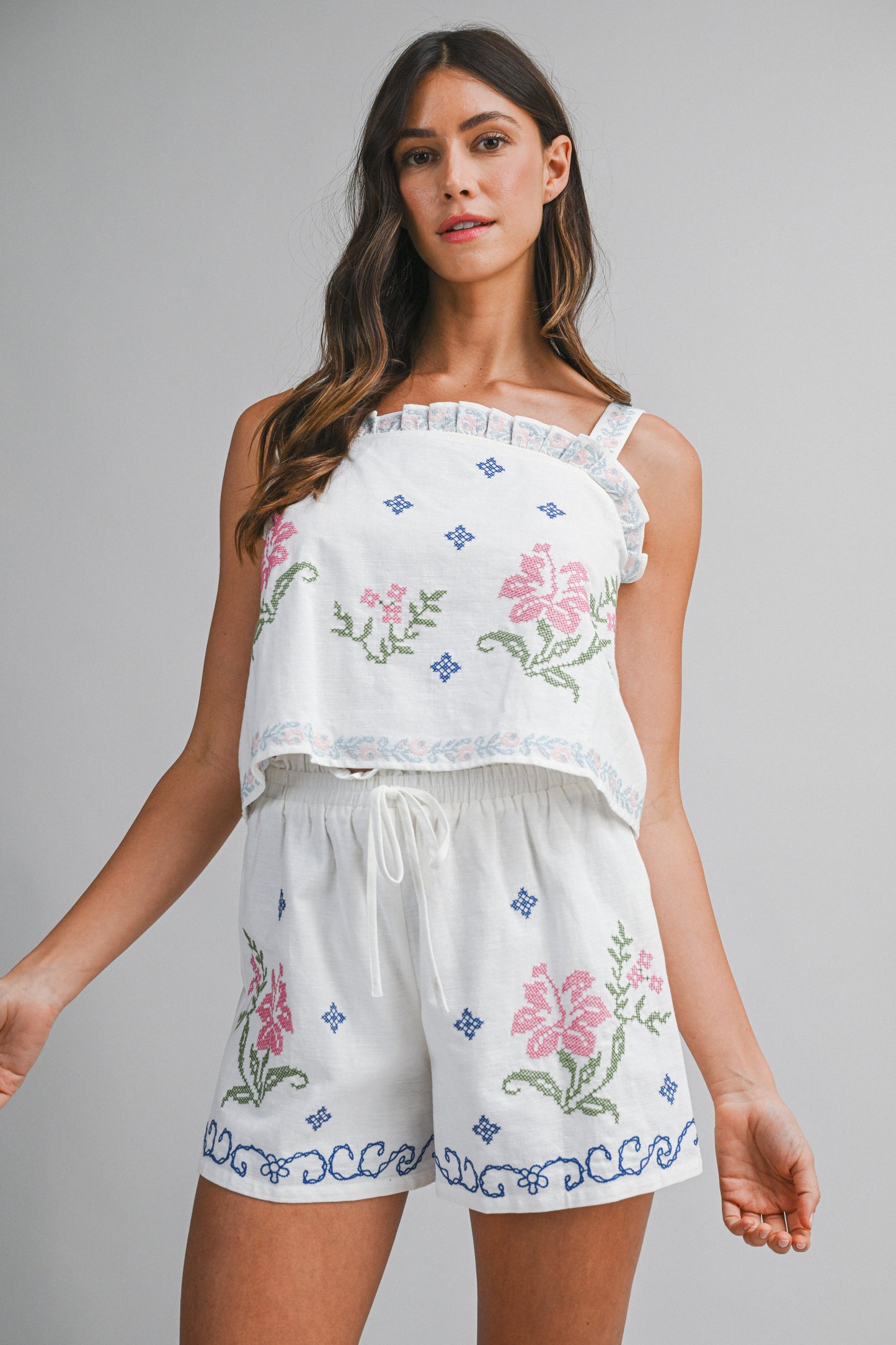 Load image into Gallery viewer, Embroidery Top and Short Set Pink Multi
