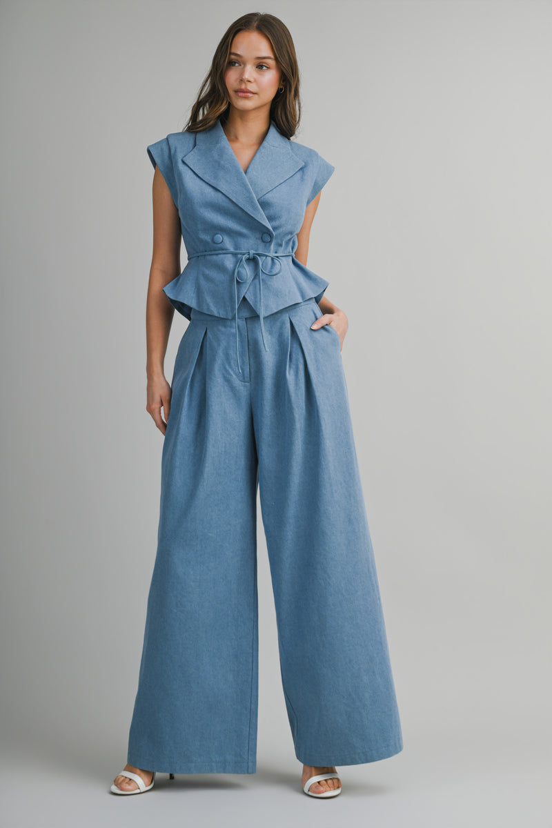 Denim Top and Wide Leg Pants Set