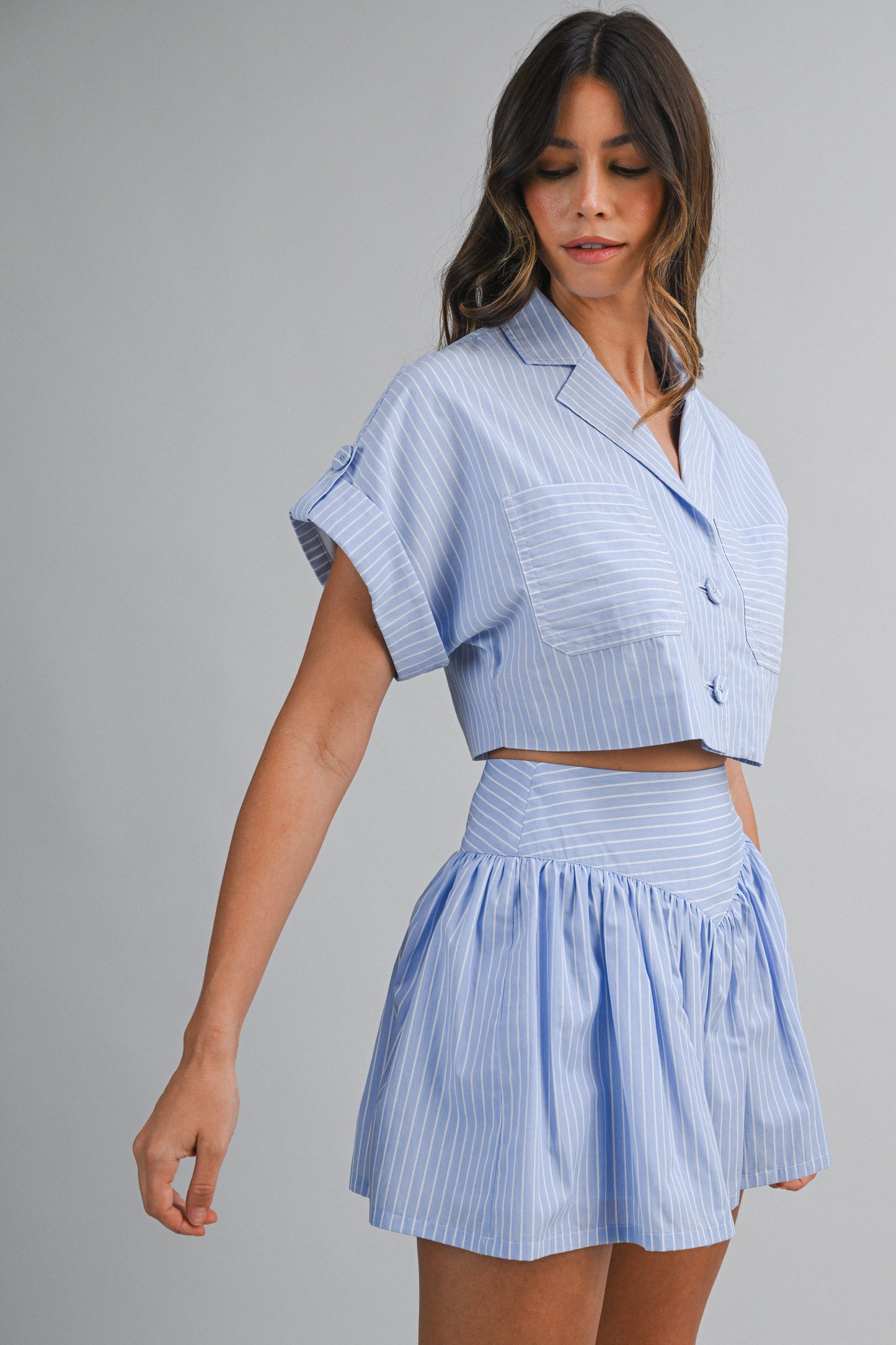 Load image into Gallery viewer, Stripe Crop Shirts and Skirt Set Blue
