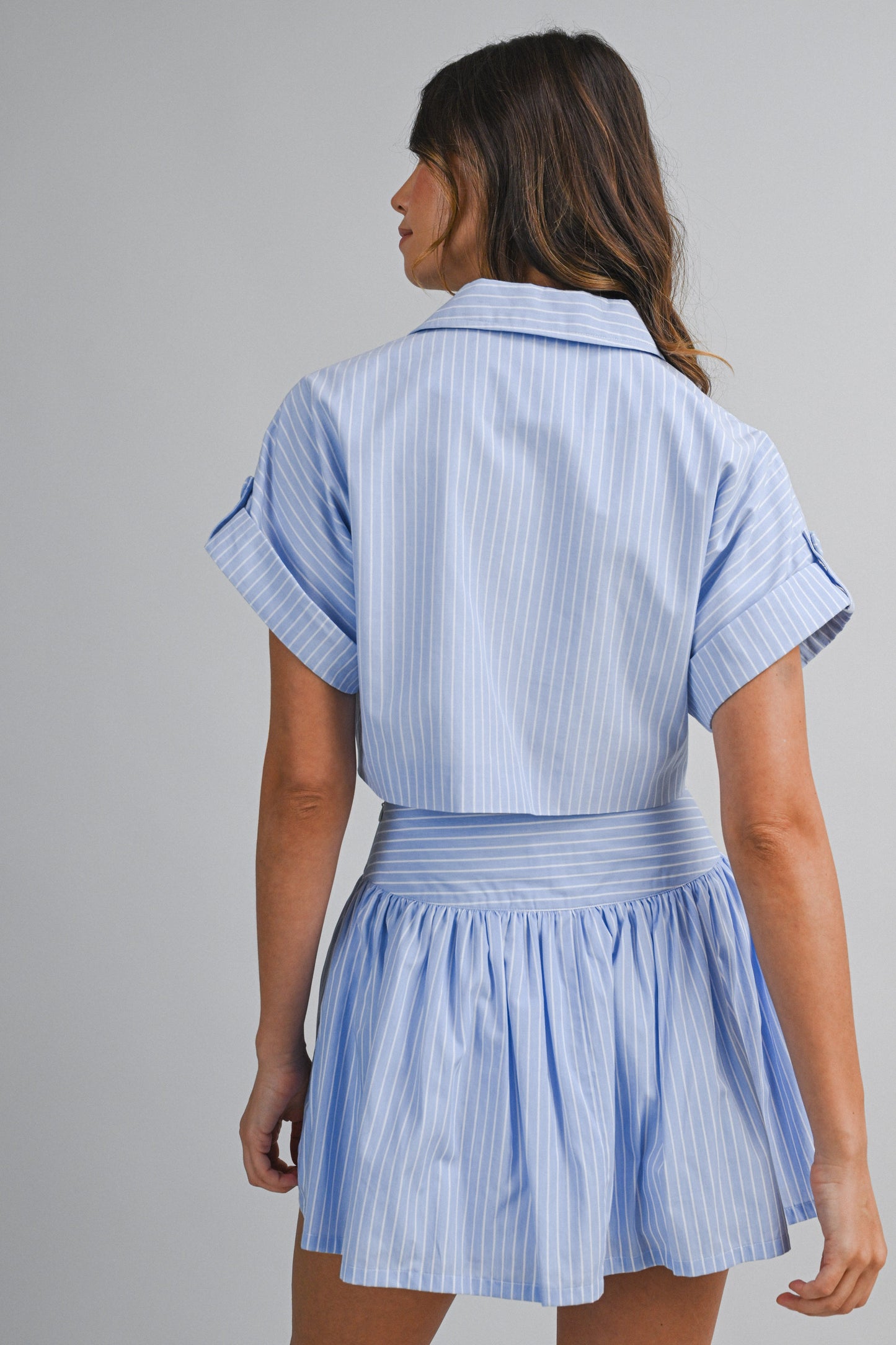 Load image into Gallery viewer, Stripe Crop Shirts and Skirt Set Blue
