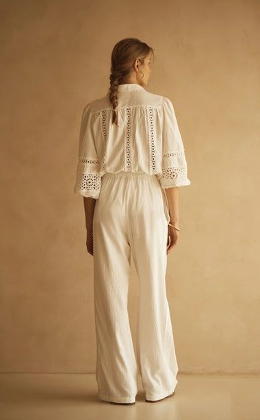 Lace Trim Straight Leg Pant Bianca White - Bottoms