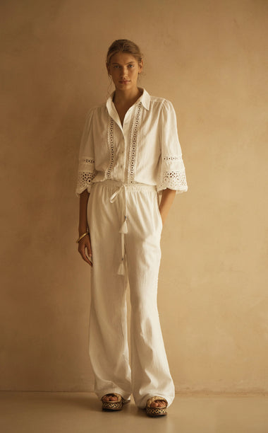 Lace Trim Straight Leg Pant Bianca White - Bottoms