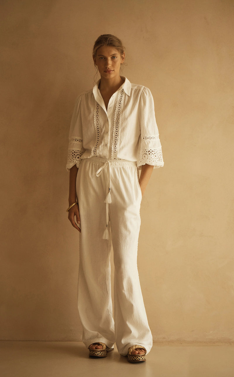 Lace Trim Straight Leg Pant Bianca White