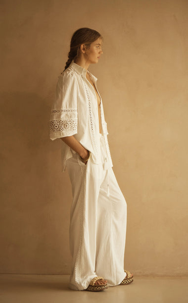 Lace Trim Straight Leg Pant Bianca White - Bottoms