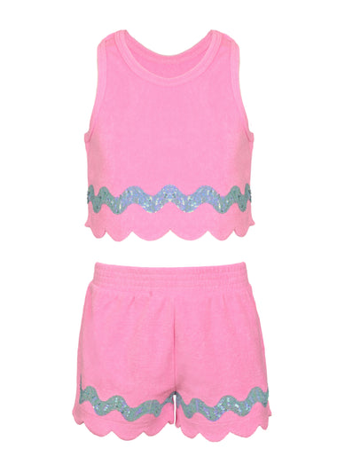 Sequin Trimmed Terry Cloth Tank Top and Short - Set