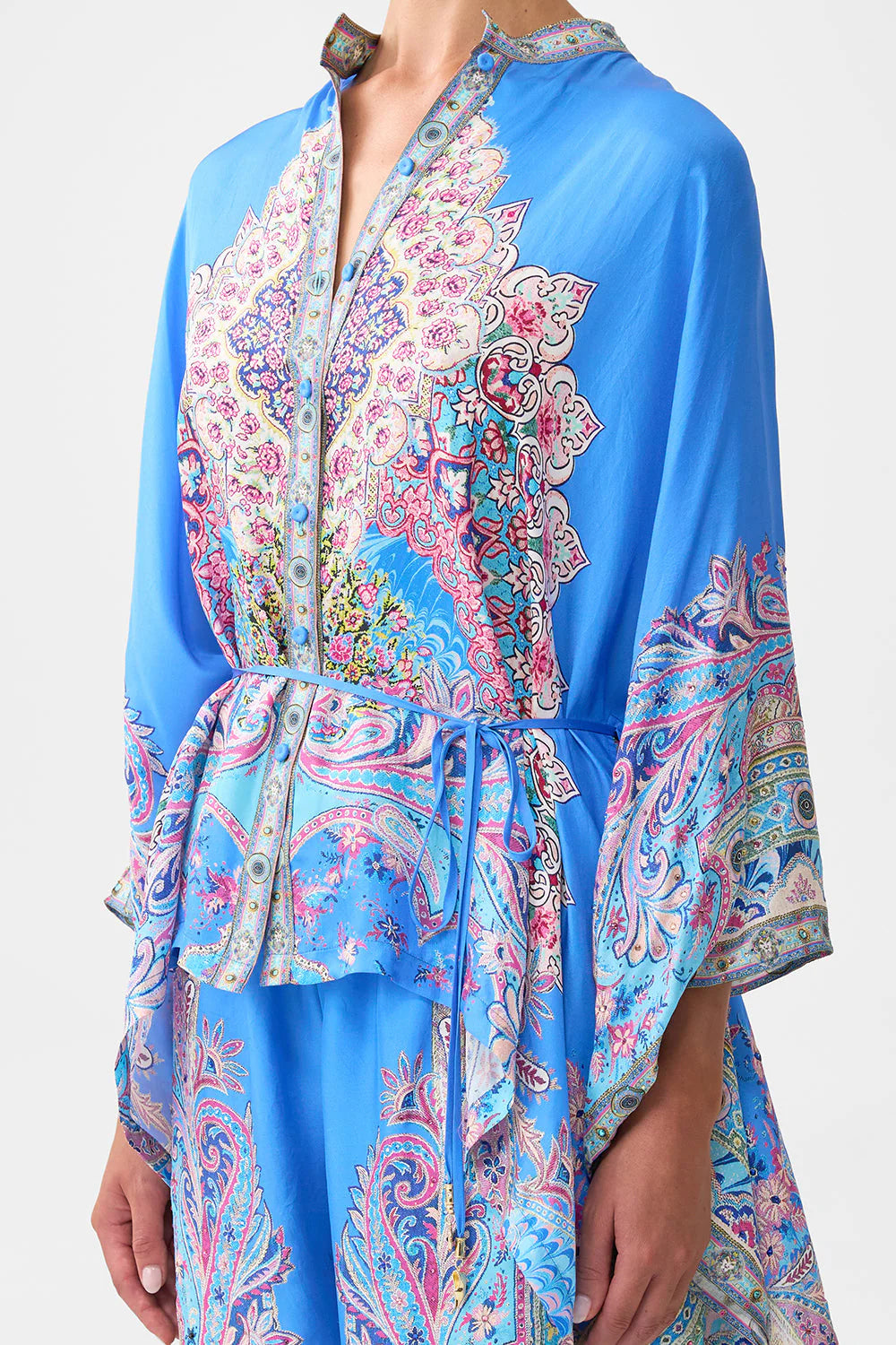 Load image into Gallery viewer, Button Through Scarf Blouse Footsteps in Folklore

