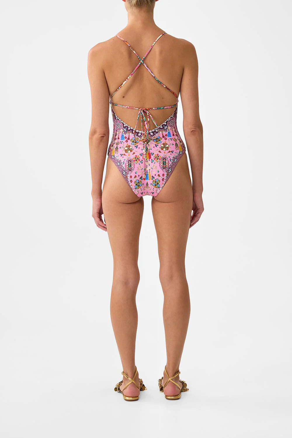 Load image into Gallery viewer, Embroidered Tri One Piece with Tie Back Patchwork Panorama
