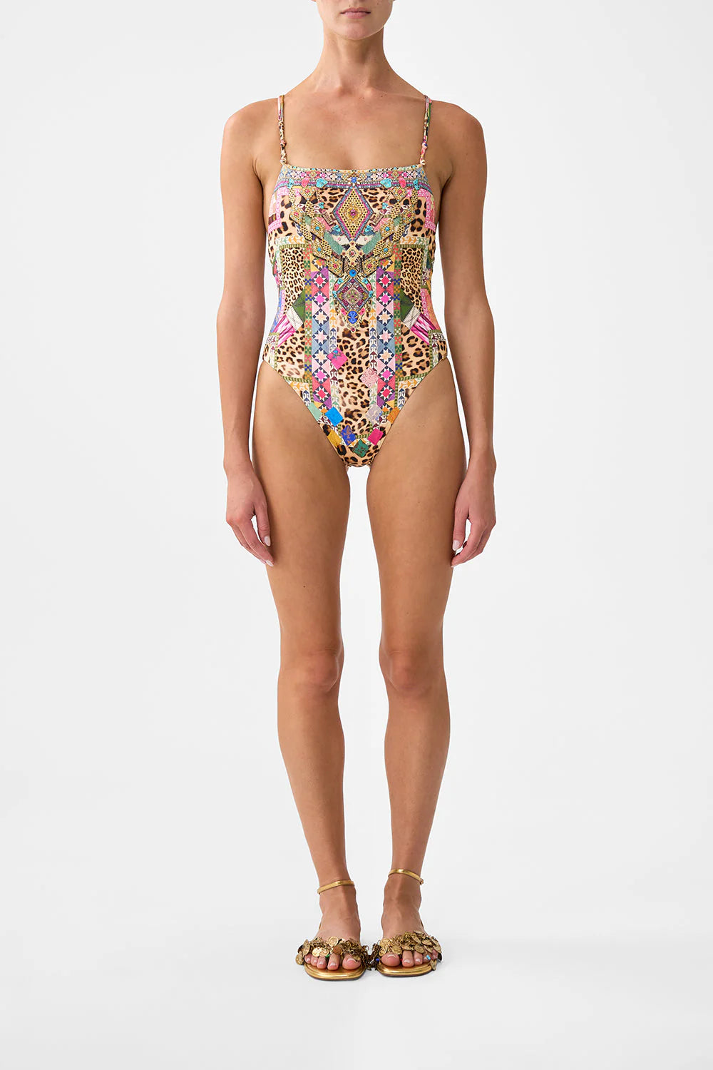 Straight Neck Double Strap Button One Piece Embroidered Ever After