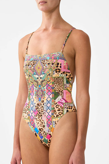 Straight Neck Double Strap Button One Piece Embroidered Ever After