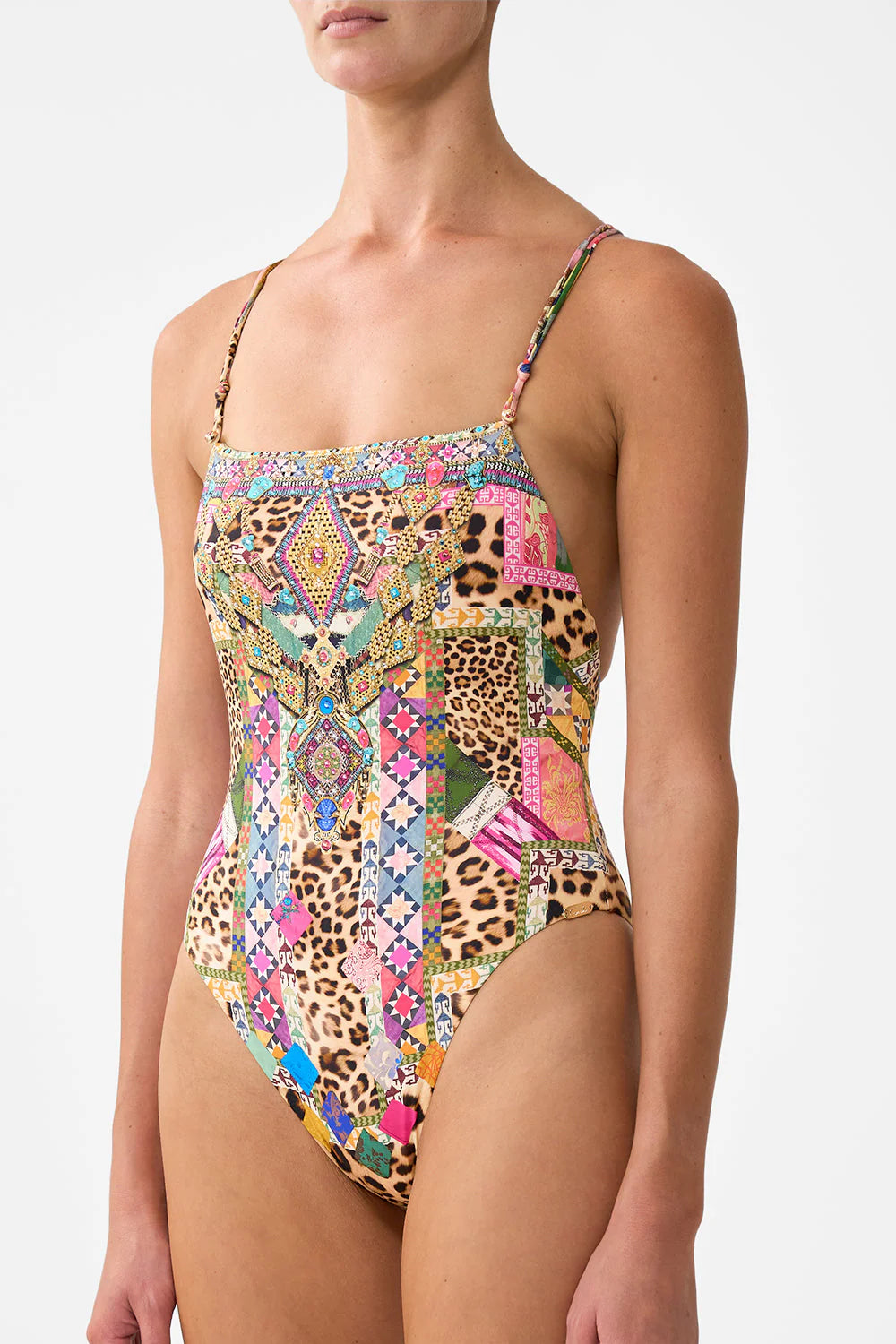 Load image into Gallery viewer, Straight Neck Double Strap Button One Piece Embroidered Ever After
