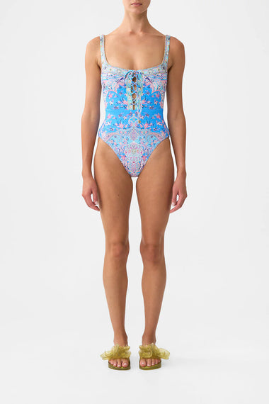 Lace Up Underwire Square Neck One Piece Footsteps in Folklore
