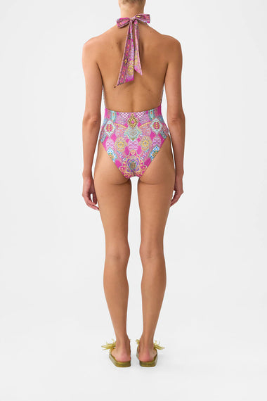 Plunge Backless Halter One Piece with Ring Ties