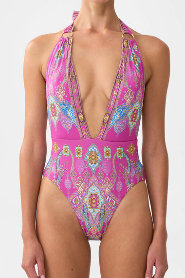 Plunge Backless Halter One Piece with Ring Ties