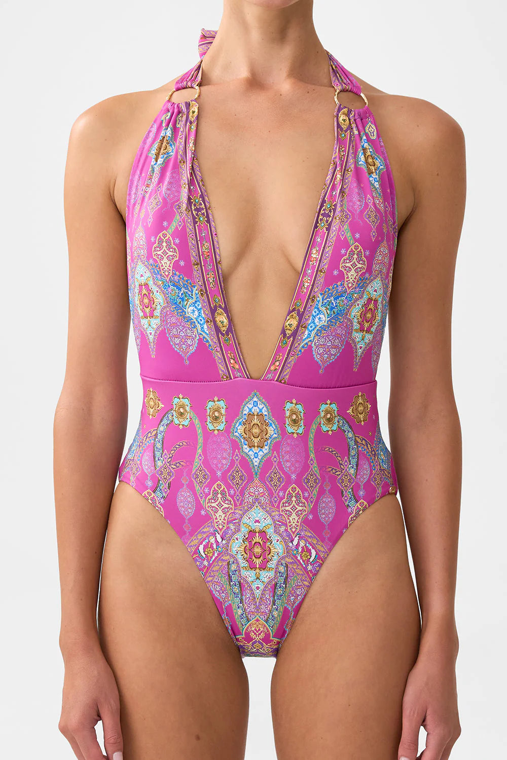 Load image into Gallery viewer, Plunge Backless Halter One Piece with Ring Ties
