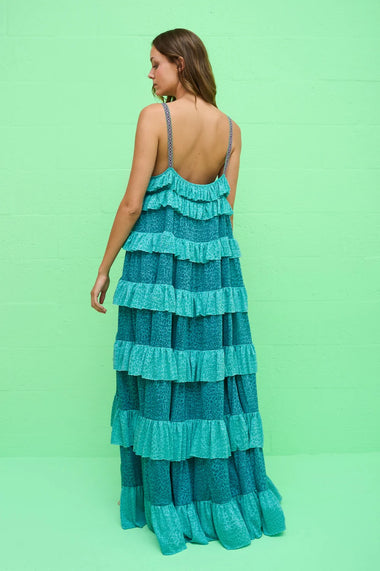 Colorblock Tiered Ruffle Dress Teal