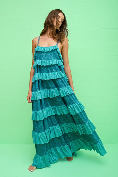 Colorblock Tiered Ruffle Dress Teal