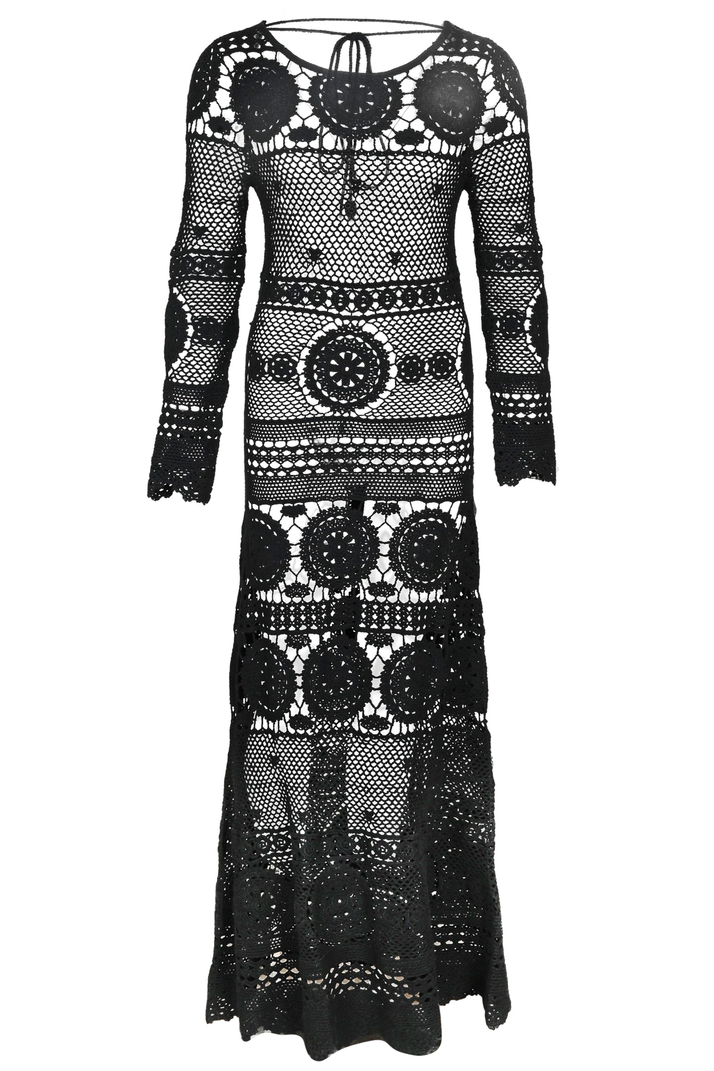 Long Sleeve Crochet Dress in Black - ONE SIZE - Dress