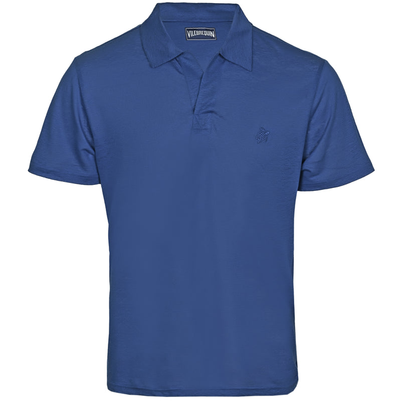 Men Linen Jersey Polo Shirt Solid Navy Blue