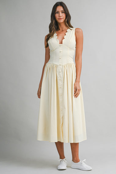 Poplin Scallop Midi Dress Yellow
