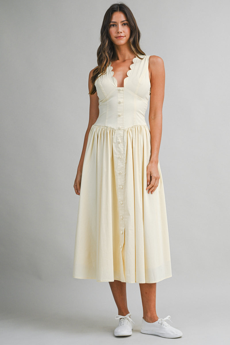 Poplin Scallop Midi Dress Yellow