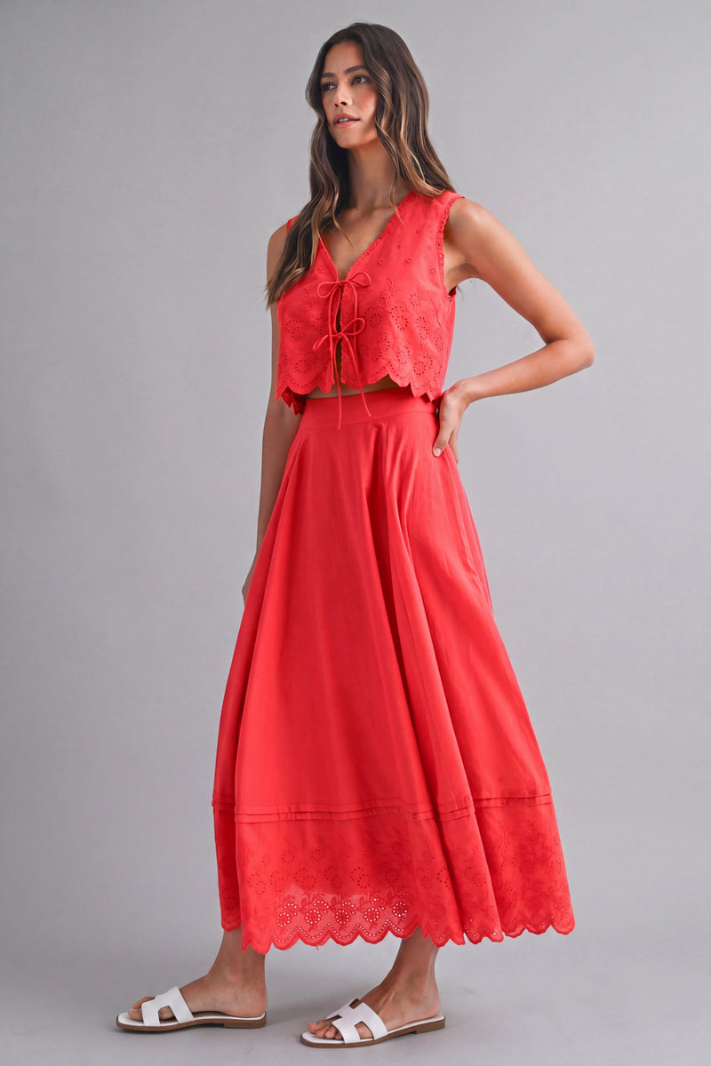 Crop Top Scalloped and Skirt Set Red
