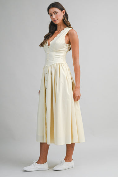 Poplin Scallop Midi Dress Yellow