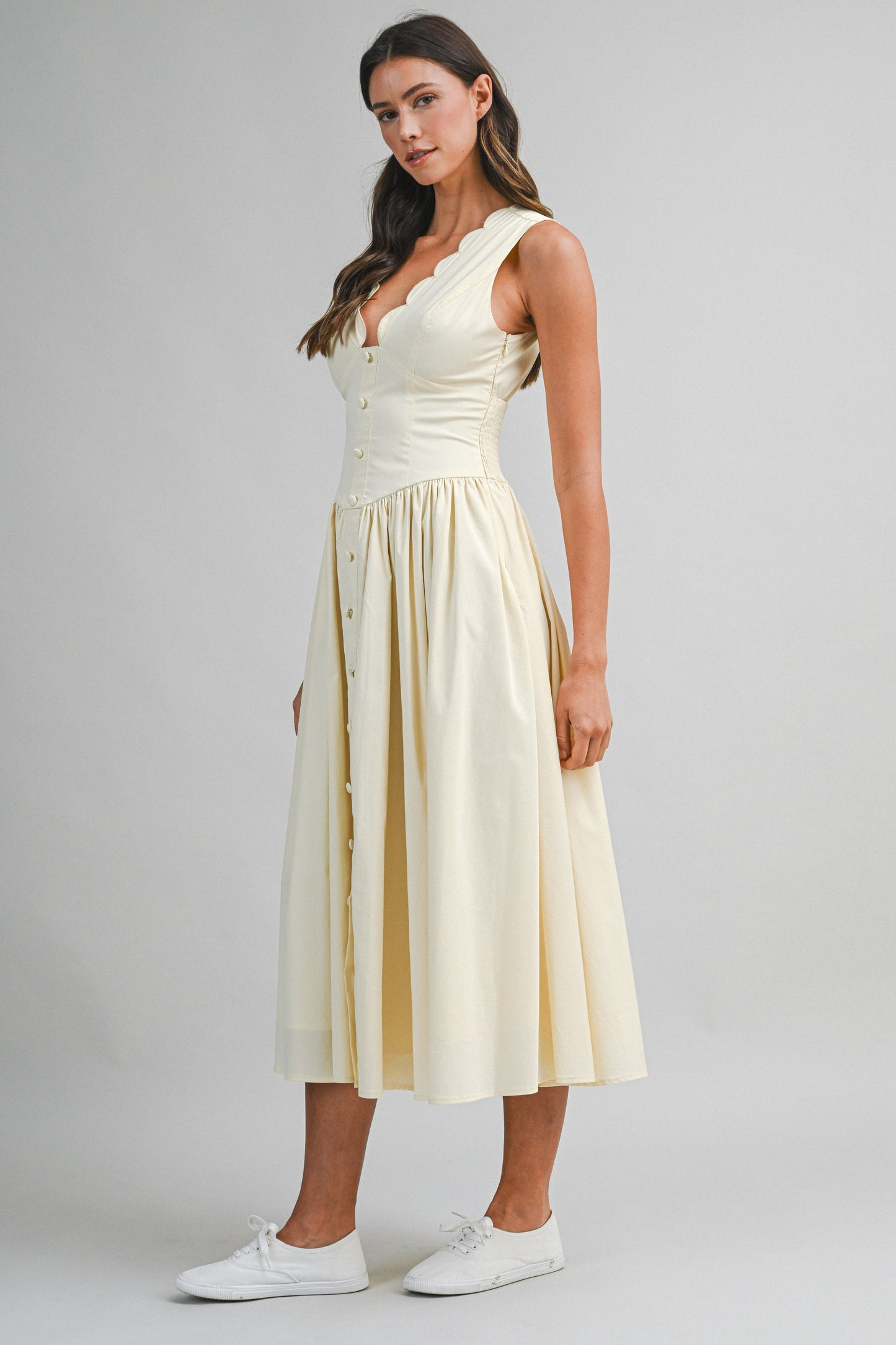 Load image into Gallery viewer, Poplin Scallop Midi Dress Yellow
