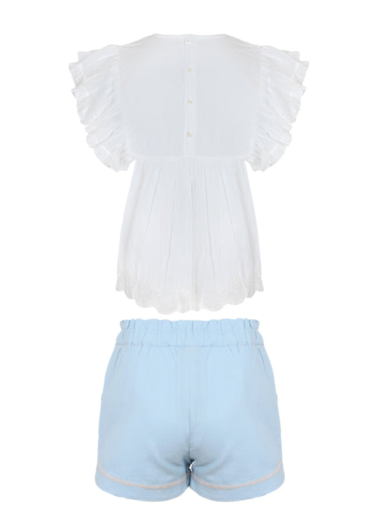 Charlie Blouse and Shorts Set Ivory Ocean Blue