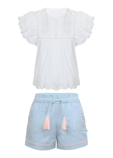 Charlie Blouse and Shorts Set Ivory Ocean Blue