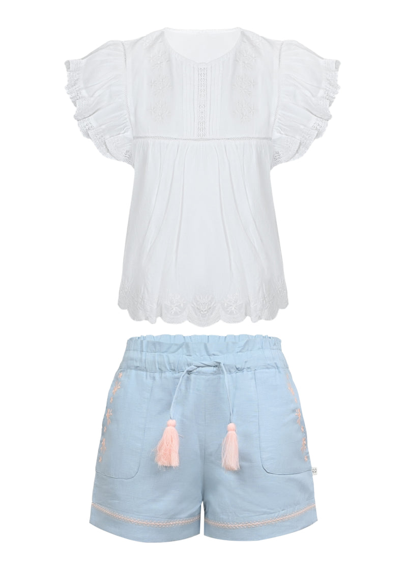 Charlie Blouse and Shorts Set Ivory Ocean Blue